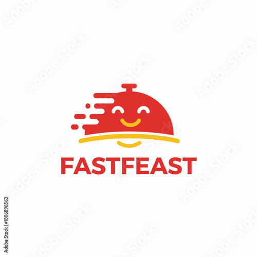 A red logo featuring a smiling food serving dish with speed lines and text below