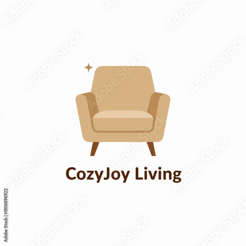 A beige, arm chair, a star graphic, and text "CozyJoy Living" are on white background