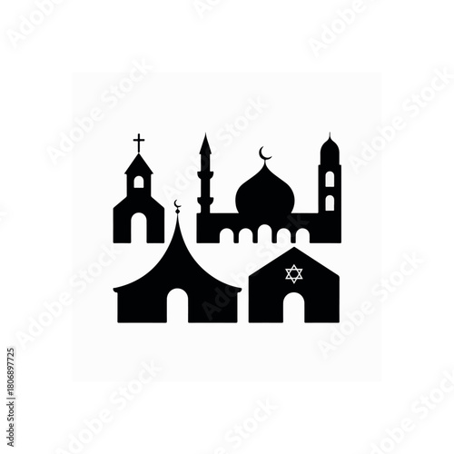 Black silhouette icons of diverse religious buildings on white background religion faith