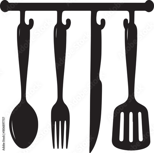 A silhouette of kitchen utensils hanging from a bar including a spoon fork knife and spatula
