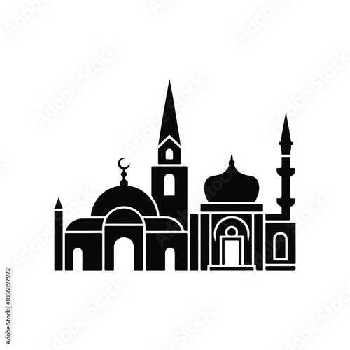 Black silhouette of a mosque with domes and minarets islam architecture