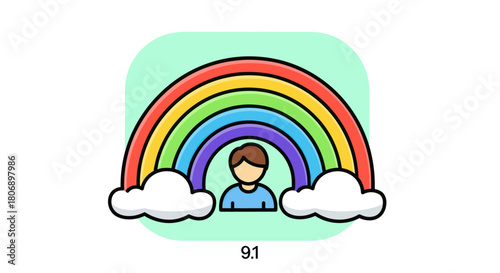 Cartoon illustration of a person under a colorful rainbow arch.