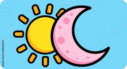 Cartoon sun and moon representing day and night cycle.
