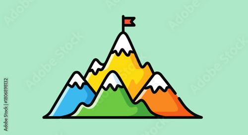 Colorful Mountain Peaks with Flag Symbolizing Achievement and Success.