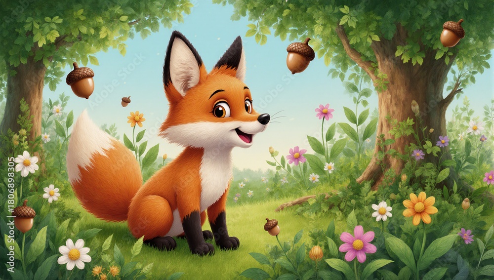 Naklejka premium Vibrant whimsical illustration of a playful cartoon forest with cute wildlife characters amidst lush green leaves flowers and acorns - perfect for nursery decor