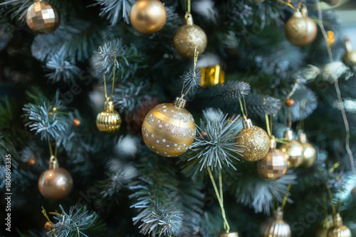 Merry x-mas,Close up of Colorful balls ,gifts box and Christmas greeting picture parcel,bell decoration on Green Christmas tree background Decoration During Christmas and New Year.