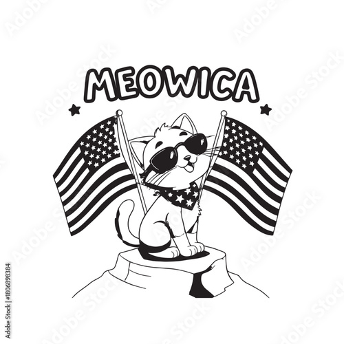 Funny cartoon illustration of a black cat in a hat with a dog