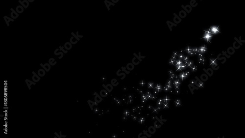 glitter star sparkle effects as white cartoon blinking stars scatter across a glowing starlight dust line, forming a shimmering doodle sparkle trail on a smooth black screen animation background