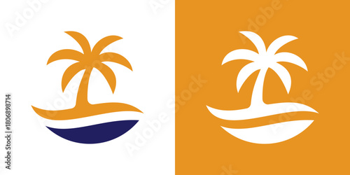 A minimalist style vector logo featuring a palm tree above a wave line, creating a modern and elegant tropical symbol.