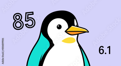 Cartoon Penguin Illustration with Numerical Elements on a Light Purple Background.