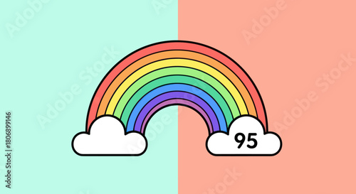 Colorful Rainbow with Clouds and Number 95 Illustration on Split Background.