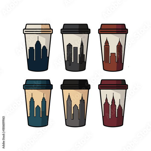 Six coffee cups with city skyline silhouettes in various colors drink beverage