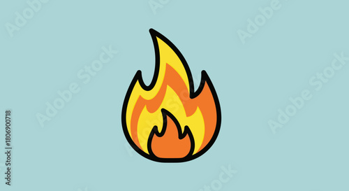 Burning flame illustration with vibrant colors and black outline on blue background.