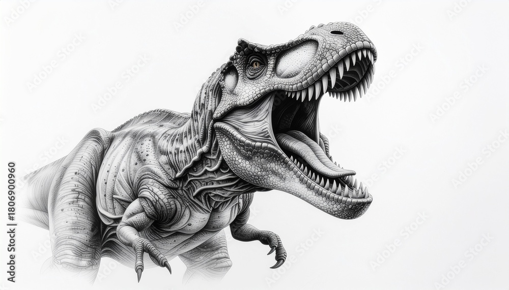 Fototapeta premium Detailed drawing of a Tyrannosaurus Rex with its mouth open, showcasing its teeth and tongue.