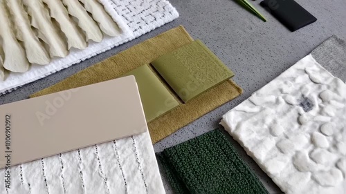 Assorted fabric swatches and color samples displayed on a gray surface