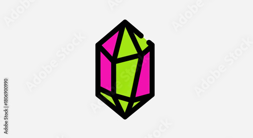 Colorful geometric crystal illustration with vibrant pink and green hues and black outlines.