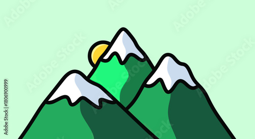 Cartoon Mountains with Snow-Capped Peaks and Rising Sun Illustration.