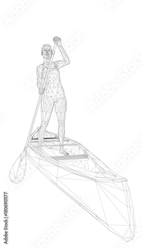 A woman stands on a canoe, holding a paddle while wearing a wetsuit and helmet with her hair in a ponytail.