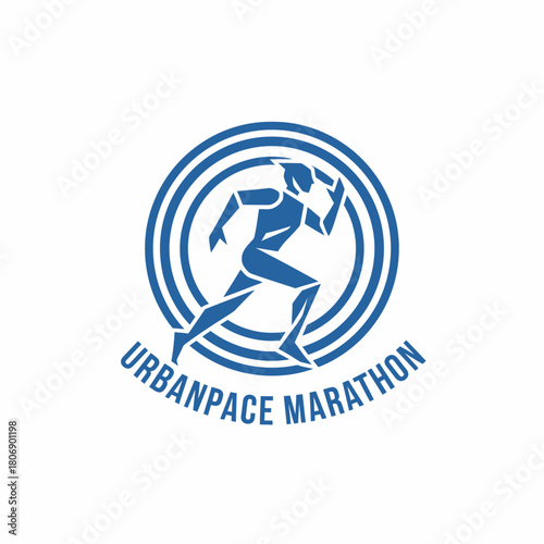 Blue stylized runner in a circle, with text. Running event logo, urban pace theme