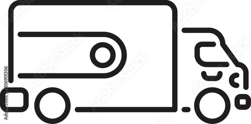 Simple black and white line art icon of a cargo delivery truck, symbolizing shipping, logistics, and transportation