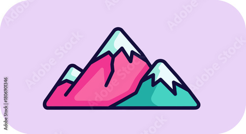 Colorful cartoon mountain range with snowy peaks illustration.