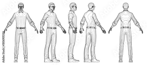 Stylized African male in glasses and navy suit strikes a thoughtful pose with outstretched arms. He gazes into the distance with a serious expression against a white background.