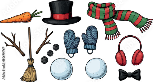 Cheerful snowman parts for construction with hat scarf gloves carrot broom twigs buttons earmuffs and bow tie representing winter fun