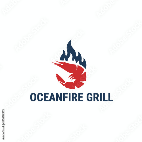 A shrimp surrounded by blue flames, with "OCEANFIRE GRILL" text below