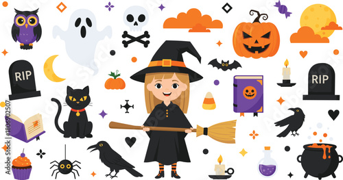Mega Set of Cute Halloween Character and Decoration Flat Icons Vector Illustration