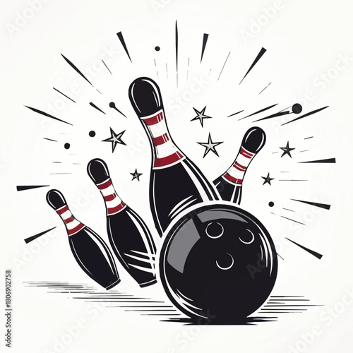 Bowling ball striking ten pins in a fun sport illustration on a white background