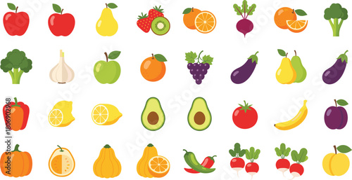 Mega Set of Colorful Flat Design Fruits and Vegetables Icons Vector Illustration