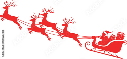 Red Silhouette of Santa Claus Riding Sleigh and Reindeer Vector Illustration