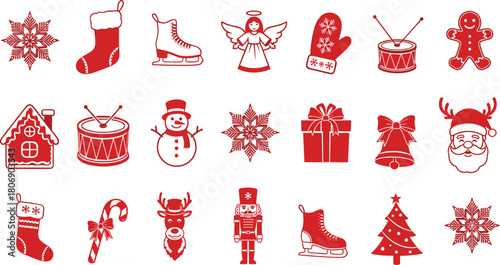 Mega Set of Red Christmas Holiday Solid Icons Vector Illustration