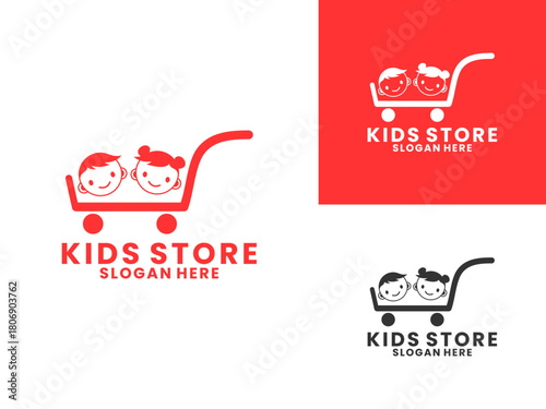 Kids with shopping cart logo design vector template. Kids store logo design vector template