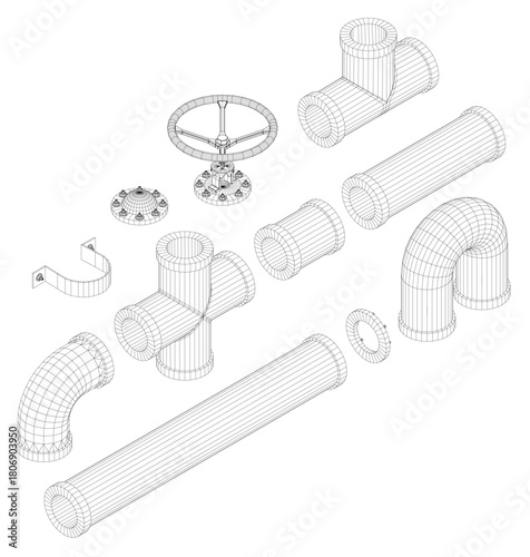 A modular bundle of industrial pipes and valves with a central control wheel. The detailed drawing features various pipe shapes and sizes on a white background. Isometric view. 3D