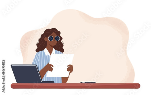 Stylish Black woman in sunglasses reading a document while working at a desk with copy space.