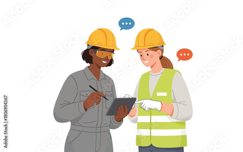 Diverse female construction engineers reviewing project plans on a digital tablet