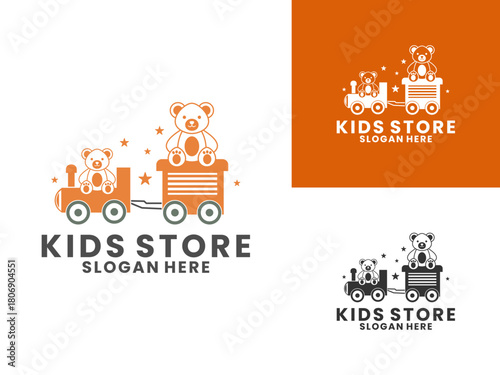Teddy bear with toy train logo design vector template. Kids store modern toy logo design vector template
