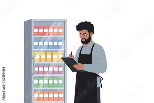 Retail worker taking inventory, writing on a clipboard next to a refrigerated store shelf.