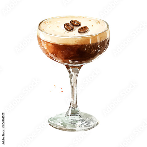 Watercolor illustration of espresso martini cocktail with coffee beans isolated on transparent background