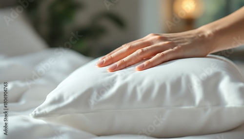 Gentle hand touching soft white pillow on a bed