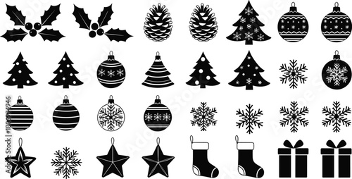 Mega Set of Black Christmas Ornament and Decoration Silhouette Icons Vector Illustration