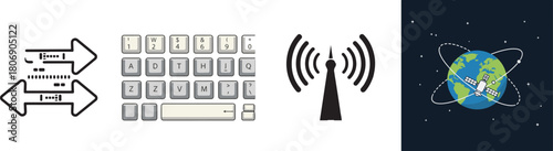 Communication and Technology Icons: Data Transfer, Keyboard, Antenna, Satellite