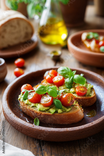 Fresh tomato and basil bruschetta on wooden plate with olive oil  