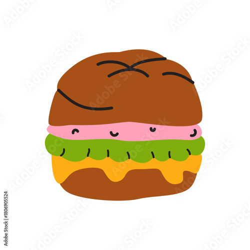 Fast food element in cartoon doodle style. Hand drawn hamburger icon with rye bun, salad and cheese. Street food stickers. Flat vector illustration isolated on white background