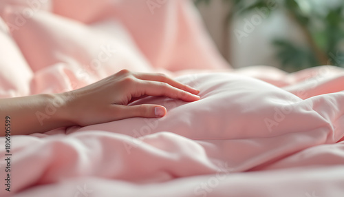 Soft pink bedding with a woman s hand resting gently on the fabric