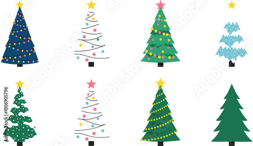 Set of Minimalist Christmas Tree Flat Icons and Decorations Vector Illustration