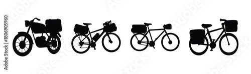 Motorcycle and touring bicycles with luggage silhouettes set