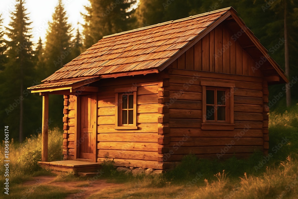 Obraz premium A rustic wooden cabin illuminated by warm golden hour sunlight