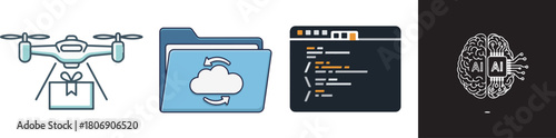 Flat Design Icons: Drone Delivery, Cloud Folder, Code Editor, AI Brain